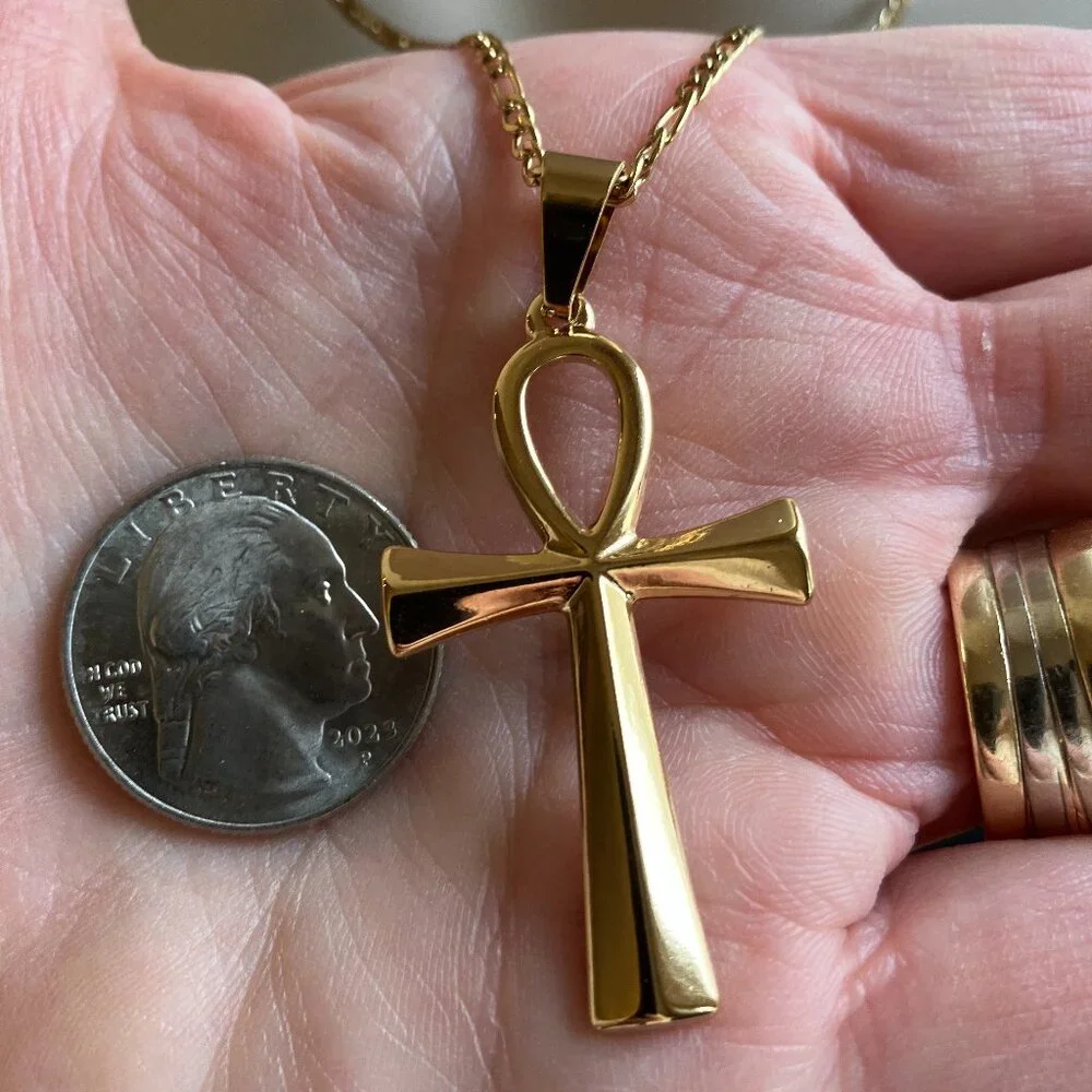 Real 18k Gold Plated 20 in Stainless Steel Figaro + matching Cross Pendant  NEW